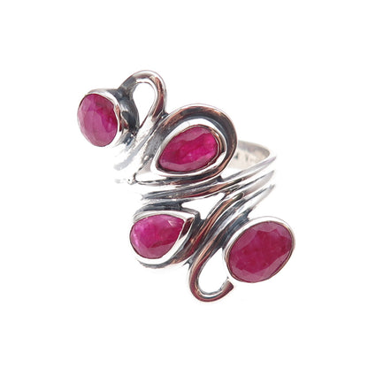 925 Sterling Silver Vintage Real Ruby Modernist Oxidized Ring Size 9