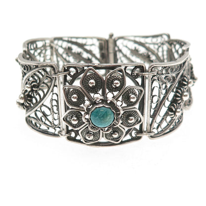 916 Silver Vintage European Real Amazonite Filigree Pannel Link Bracelet 6.5"