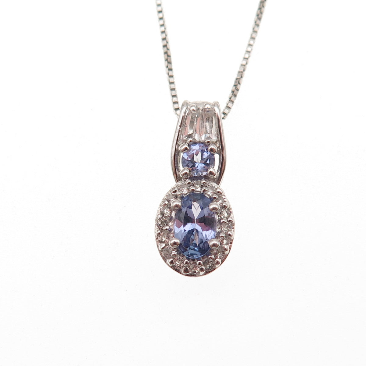 Chuck Clemency 925 Sterling Real Tanzanite & White Topaz Box Chain Necklace 18"
