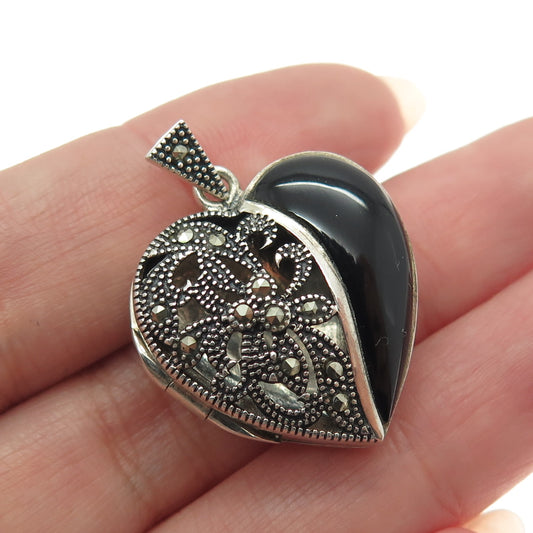 925 Sterling Silver Vintage Black Onyx & Marcasite Gem Heart Locket Pendant