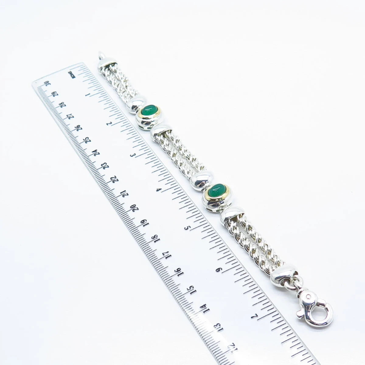 925 Sterling Silver / 14K Gold Vintage Italy Green Onyx Gem Bracelet 6.75"