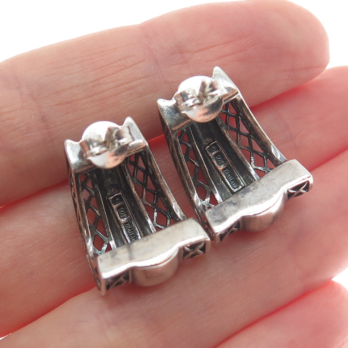 925 Sterling Silver Vintage Modernist Oxidized Hoop Earrings