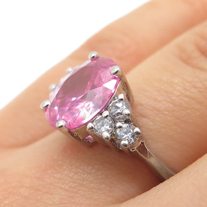 925 Sterling Silver Vintage Oval-Cut Pink & Round-Cut White C Z Ring Size 7.25