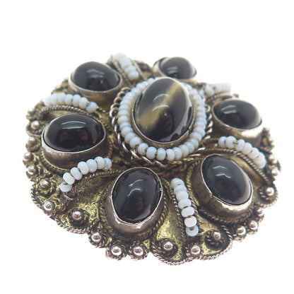 935 Silver 2-Tone Vintage Israel Real Tiger Eye Black Agate & Opal Pin Brooch