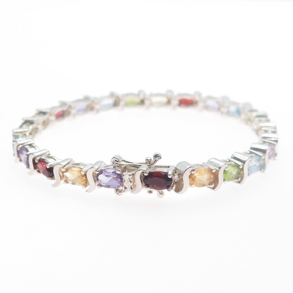 925 Sterling Silver Vintage Topaz Amethyst Garnet Citrine & Peridot Bracelet 7"