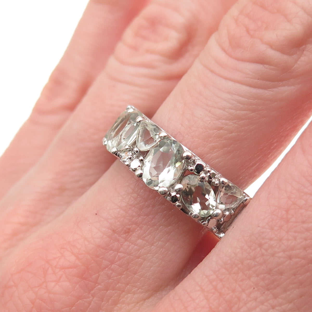 925 Sterling Silver Real Multi-Cut Green Amethyst Cluster Band Ring Size 8.25