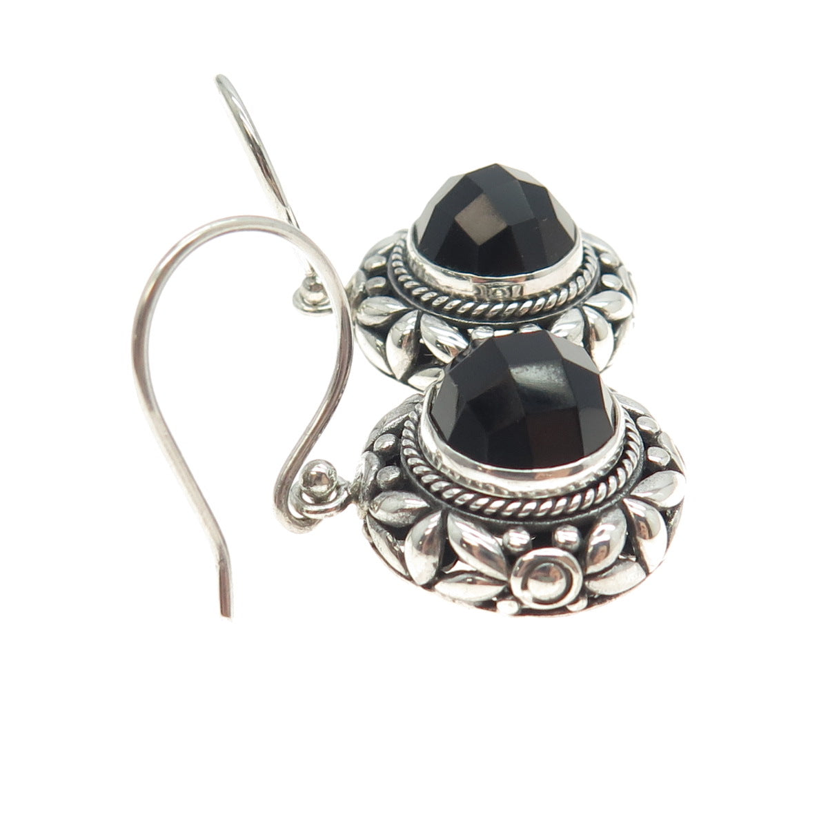 925 Sterling Silver Vintage Real Black Spinel Ornate Floral Dangling Earrings