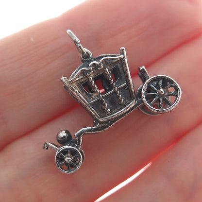 925 Sterling Silver Vintage Carriage Oxidized Minimalist 3D Charm Pendant
