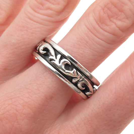 925 Sterling Silver Vintage Floral Scroll Oxidized Rotating Band Ring Size 13