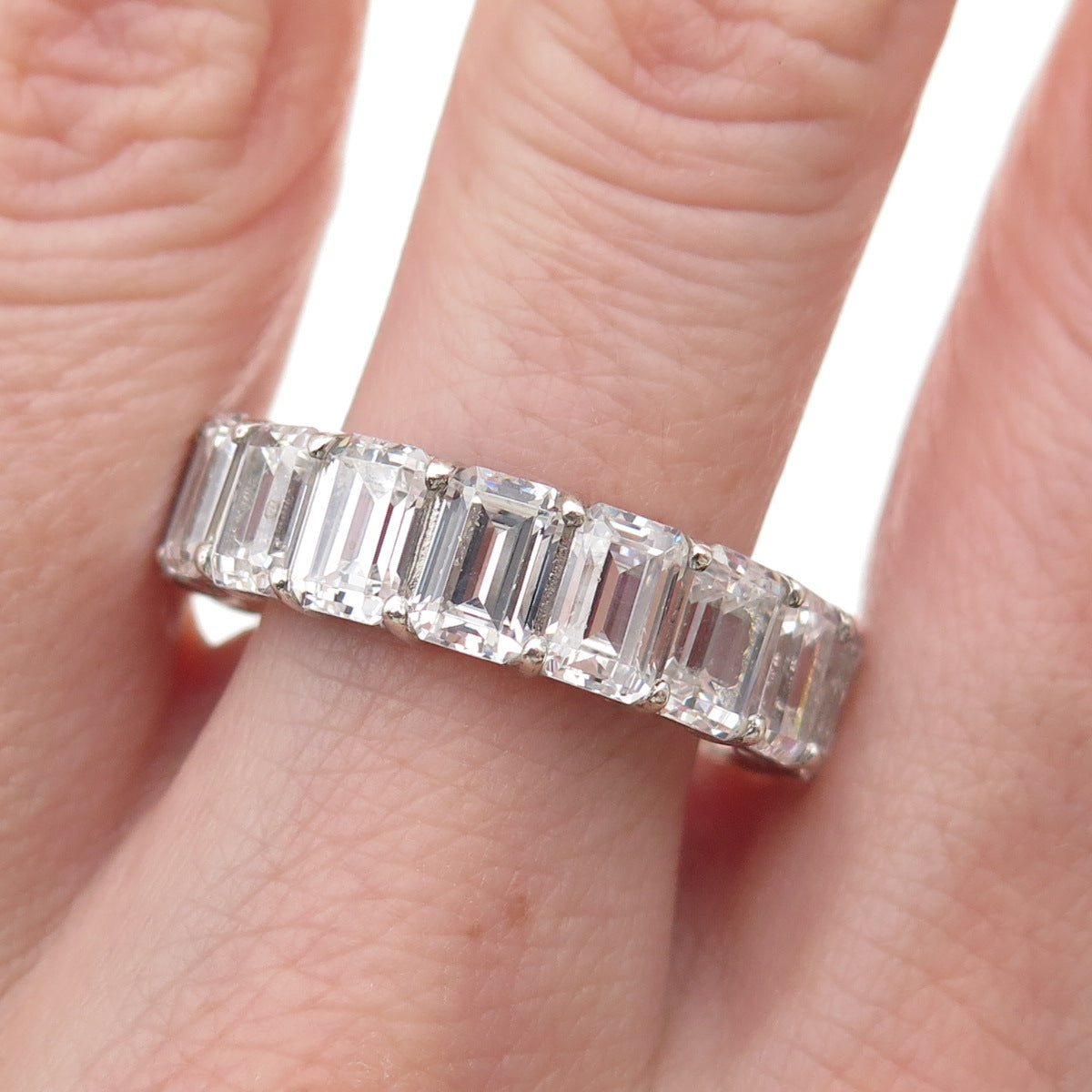 925 Sterling Silver Emerald-Cut C Z Eternity Band Ring Size 10.25