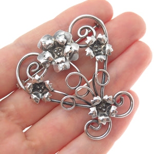 LE GRO 925 Sterling Silver Antique Art Deco Flower Heart Oxidized Pin Brooch
