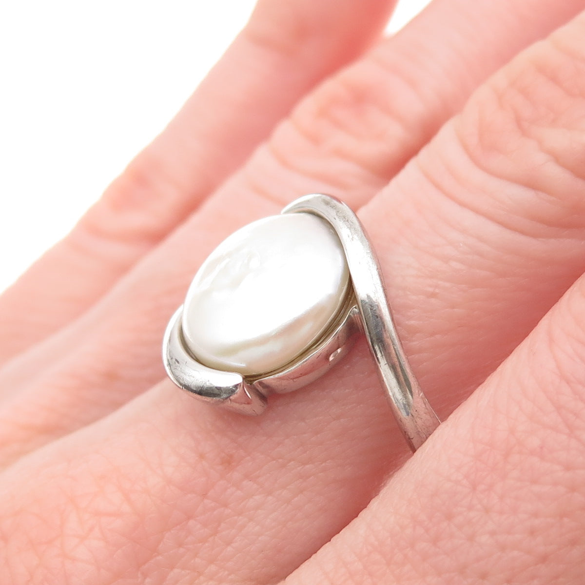 925 Sterling Silver Real Pearl Bypass Ring Size 10.25