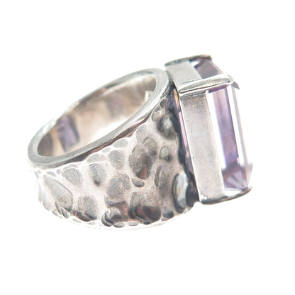 925 Sterling Silver Vintage Real Emerald-Cut Amethyst Hammered Ring Size 7.5