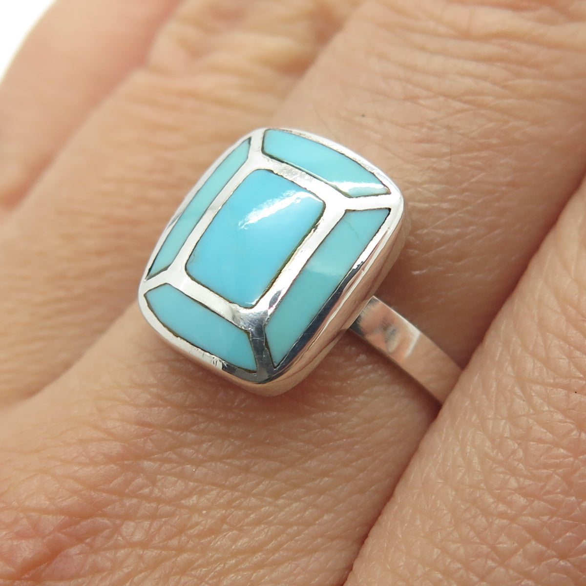 925 Sterling Silver Vintage Real Turquoise Ring Size 7.25