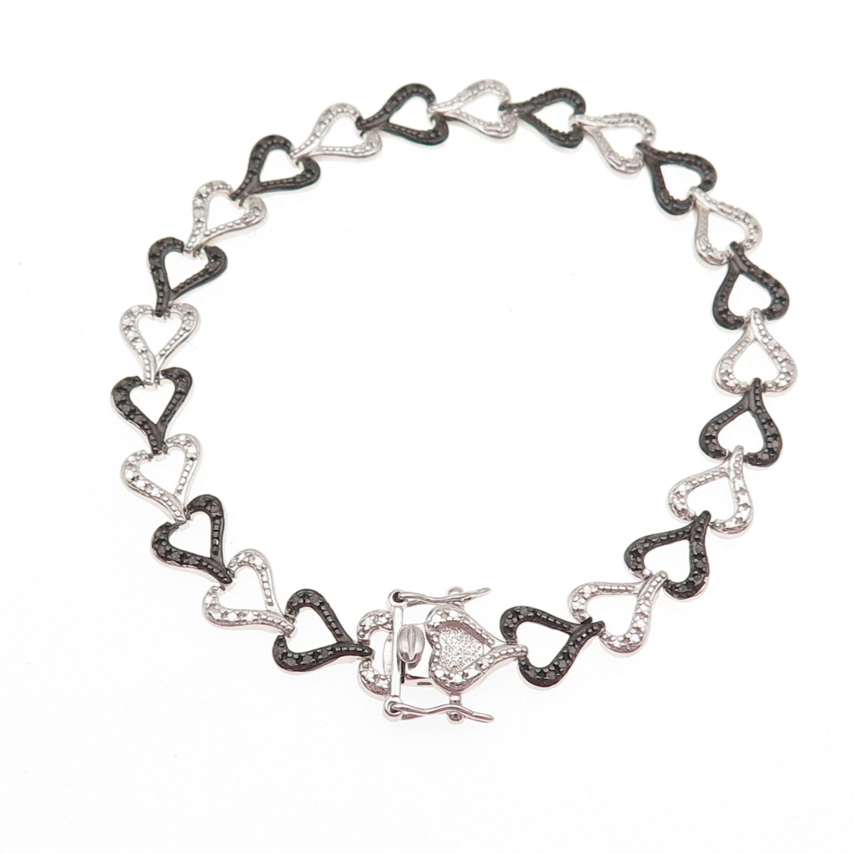 Ross Simons 925 Sterling Black Rhodium Real Diamond Accent Heart Bracelet 7.5"
