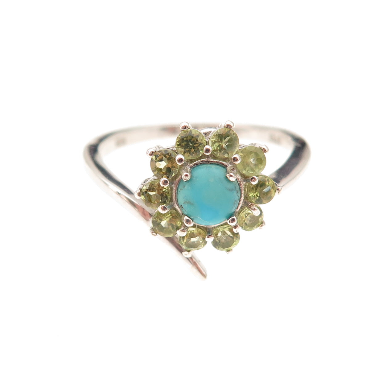 Chuck Clemency 925 Sterling Silver Real Turquoise & Peridot Floral Ring Size 8