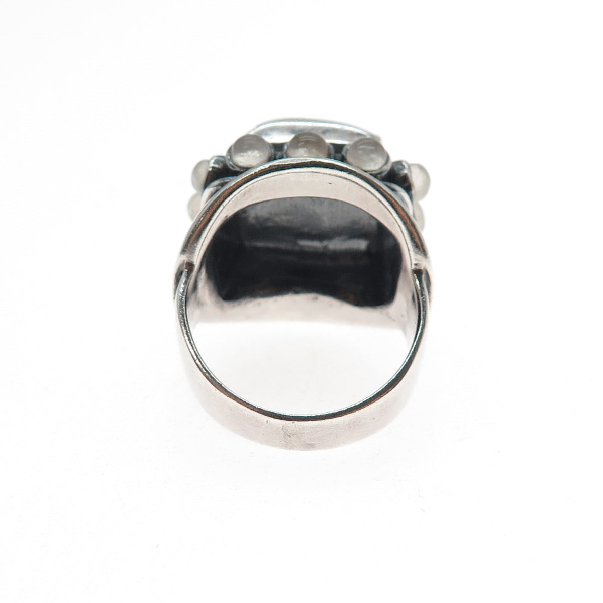 925 Sterling Silver Vintage Real Rose Quartz Modernist Oxidized Ring Size 5.75