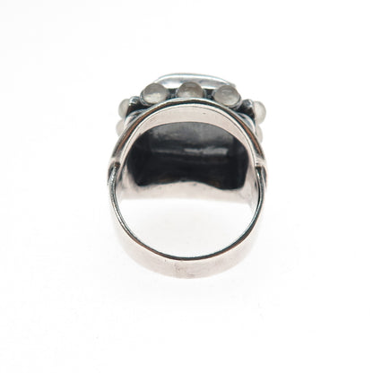 925 Sterling Silver Vintage Real Rose Quartz Modernist Oxidized Ring Size 5.75