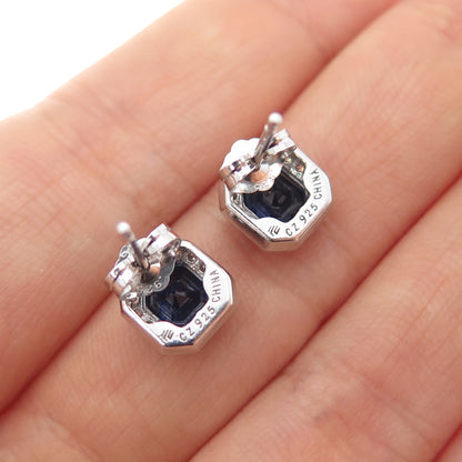 925 Sterling Silver Lab-Created Sapphire & C Z Stud Earrings