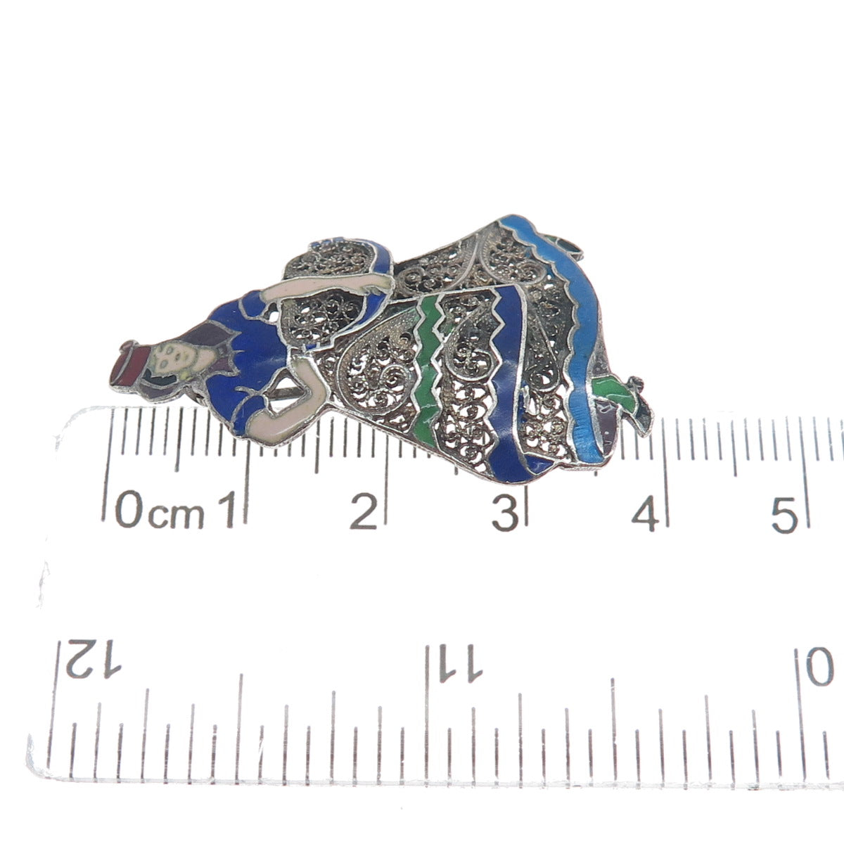 925 Sterling Silver Vintage Portugal Enamel Lady Filigree Oxidized Pin Brooch