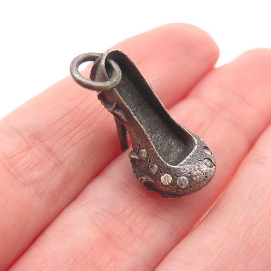 925 Sterling Silver Real Diamond & Ruby High Heel Oxidized 3D Mini Charm Pendant