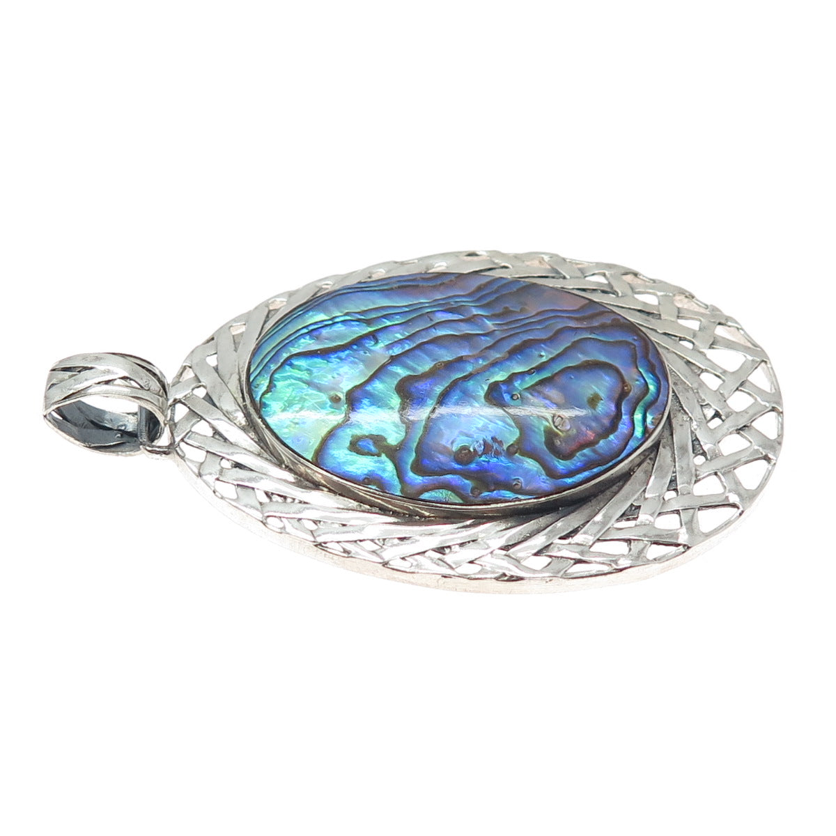 925 Sterling Silver Vintage Real Abalone Shell Ornate Large Teardrop Pendant