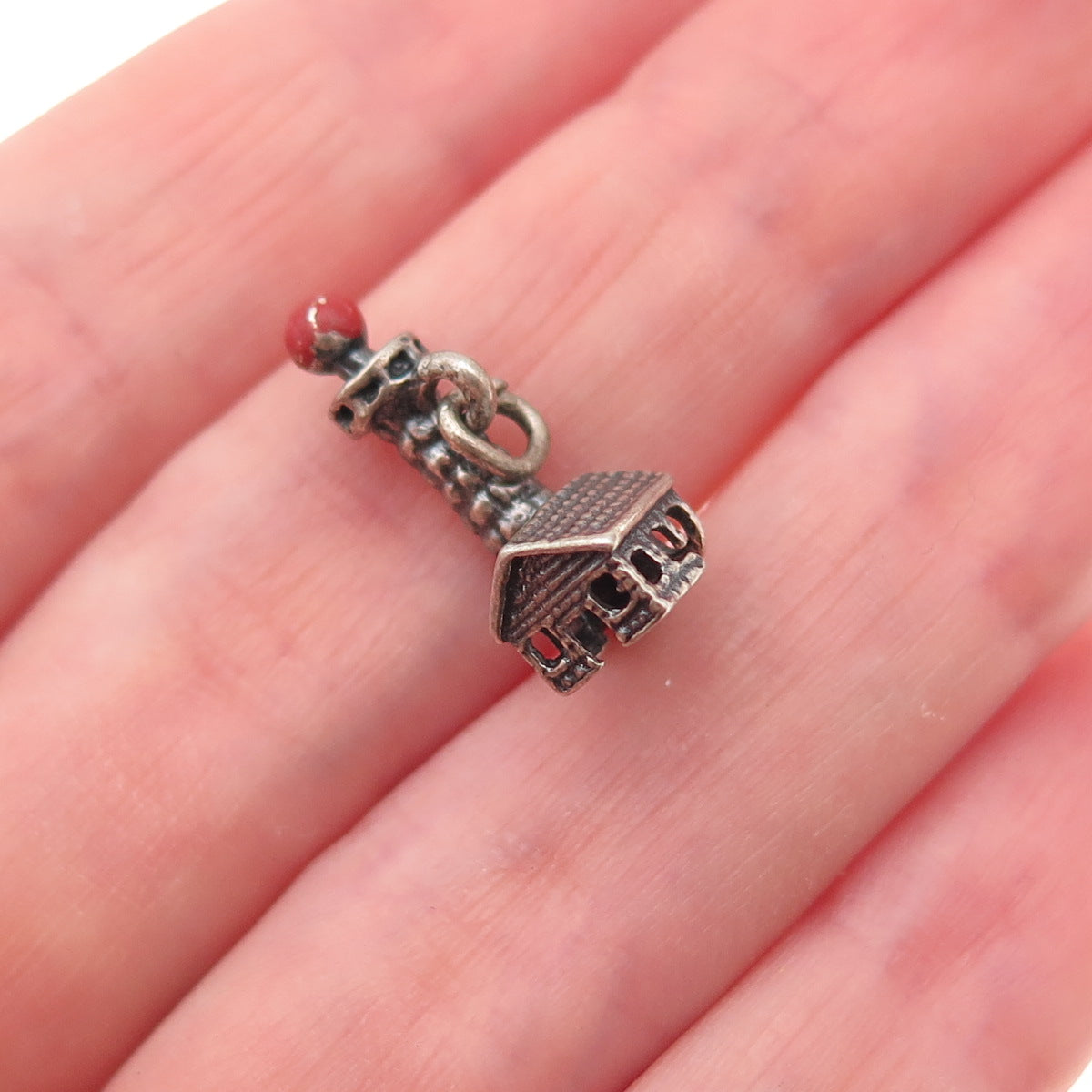 925 Sterling Silver Vintage Enamel Lighthouse Oxidized 3D Charm Pendant