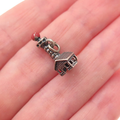925 Sterling Silver Vintage Enamel Lighthouse Oxidized 3D Charm Pendant