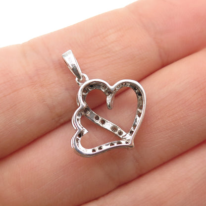 925 Sterling Silver Real Round-Cut Diamond Double Heart Mini Charm Pendant