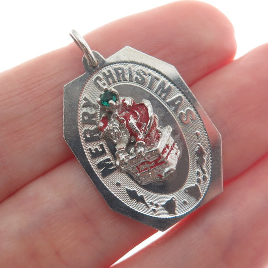 925 Sterling Silver Vintage Enamel & Rhinestone Merry Christmas Charm Pendant