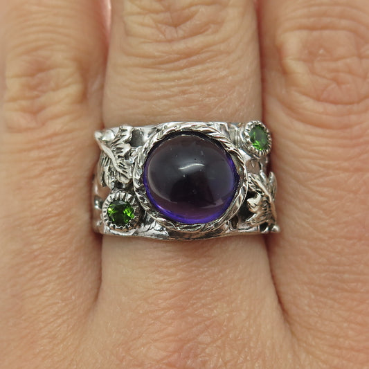 925 Sterling Silver Vintage Real Amethyst & Peridot Modernist Floral Ring Size 9