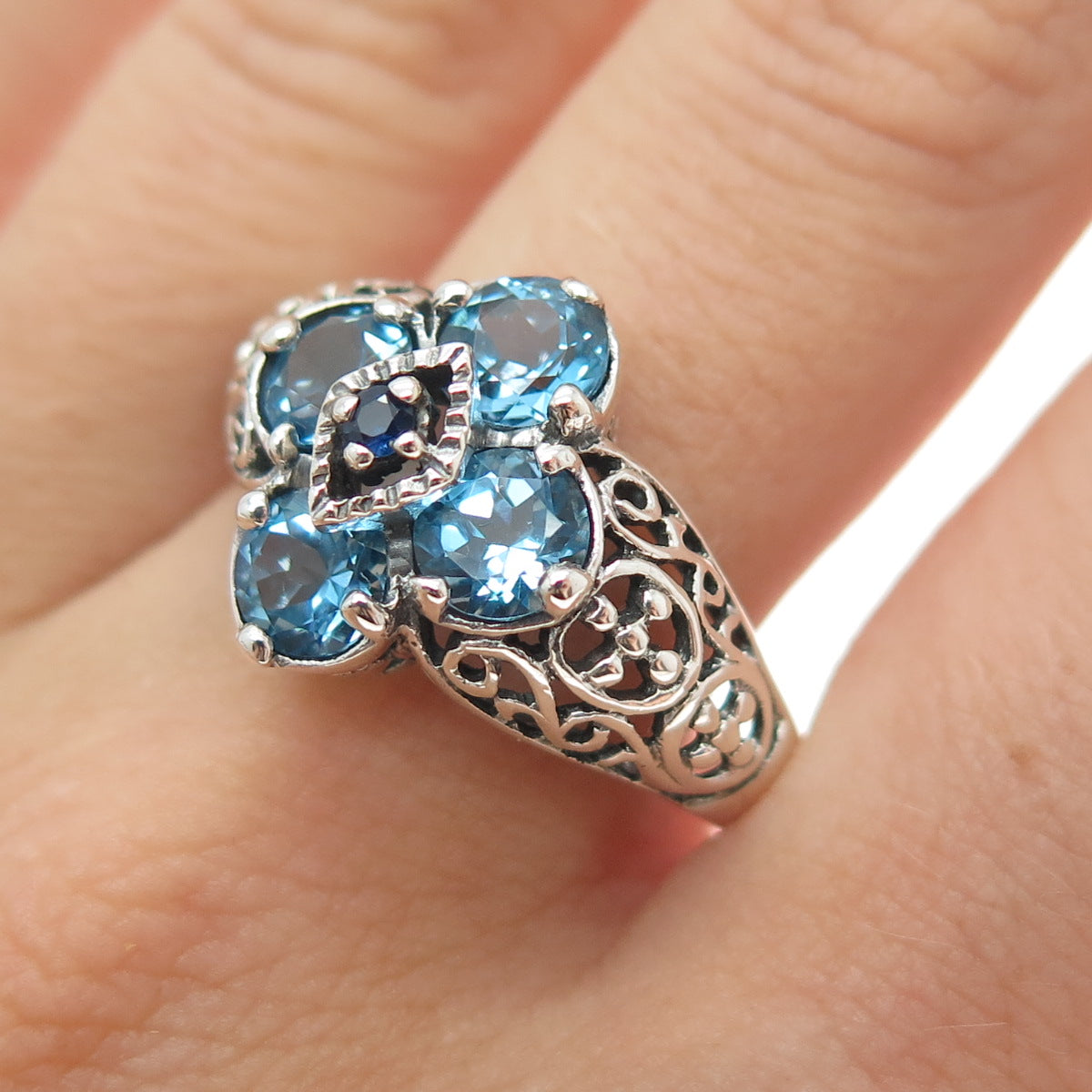 CNA PRANDA 925 Sterling Silver Vintage Real Sapphire & Topaz Flower Ring Size 10