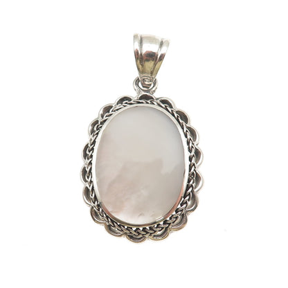 925 Sterling Silver Vintage Real MOP Floral Oxidized Pendant