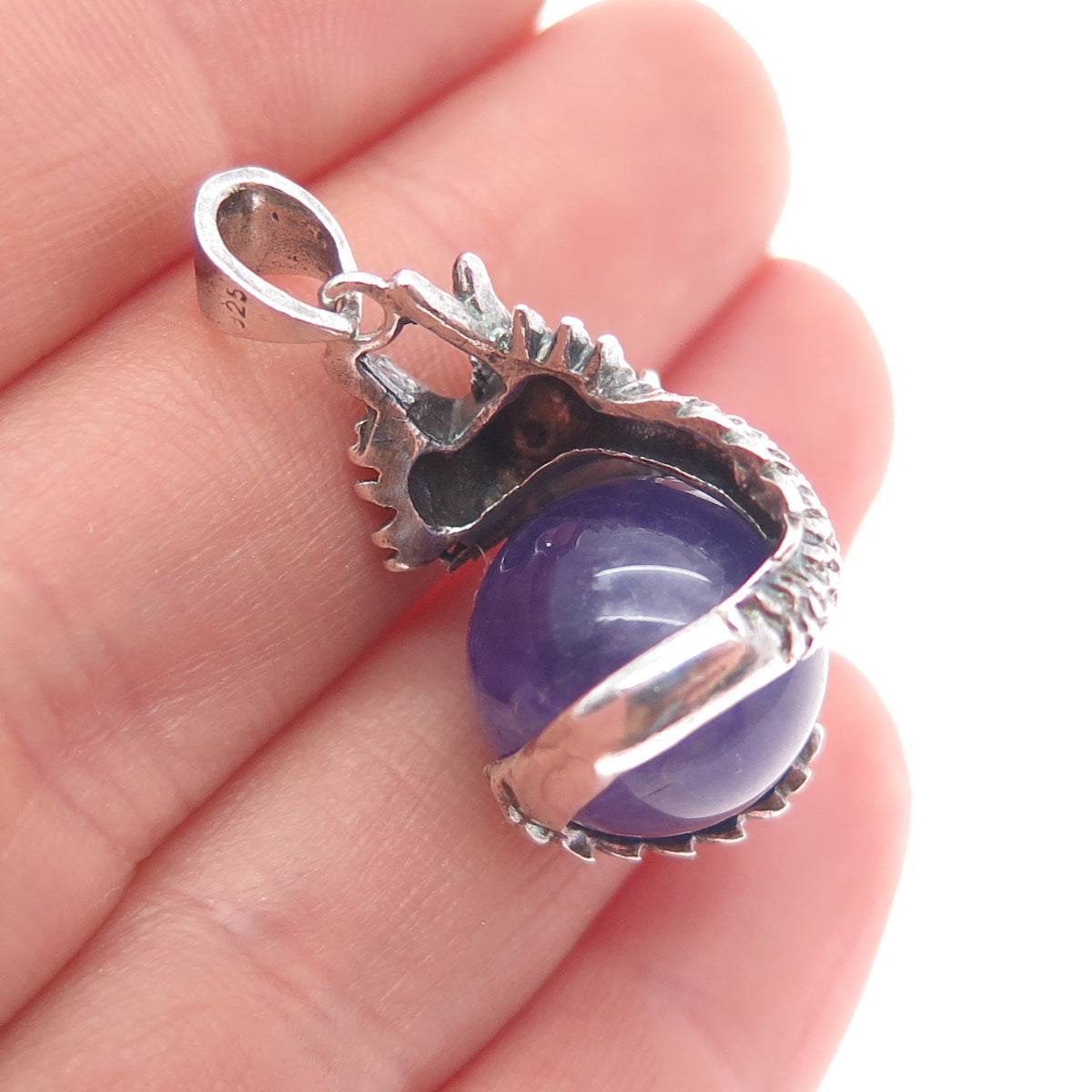 925 Sterling Silver Vintage Real Amethist Chinese Dragon Charm Pendant