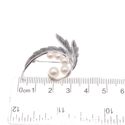 Mikimoto 925 Sterling Silver Antique Japan Real Akoya Pearl Floral Pin Brooch