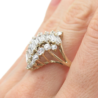 925 Sterling Silver Gold Plated Vintage Round & Baguette-Cut C Z Ring Size 8