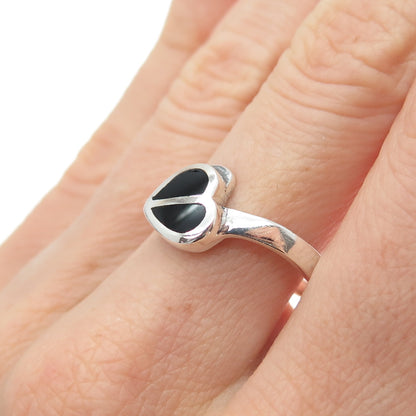 925 Sterling Silver Vintage Real Black Onyx Modernist Heart Ring Size 8