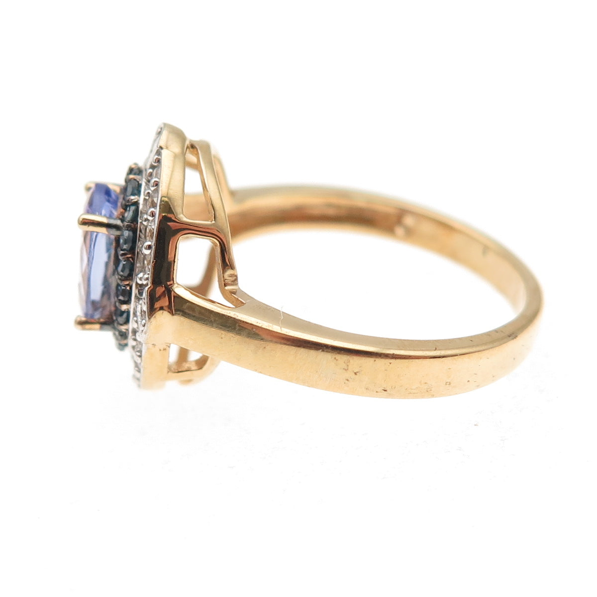 925 Sterling Gold Plated Real Blue Diamond Tanzanite & White Topaz Ring Size 8