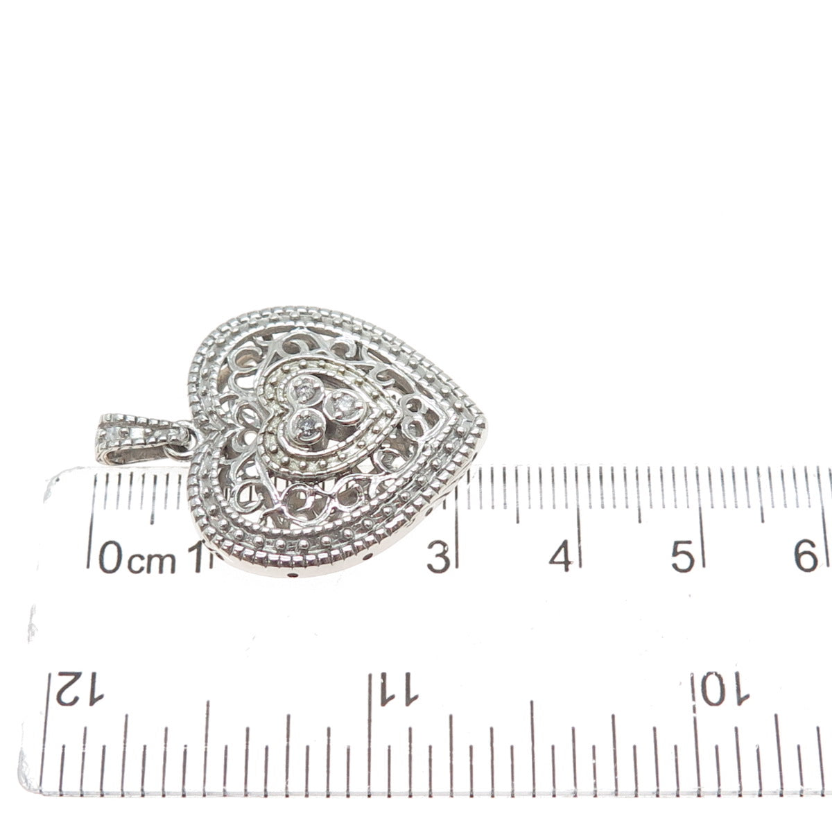 925 Sterling Silver Real Round-Cut Diamond Ornate Heart Charm Pendant