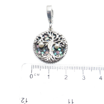 925 Sterling Silver Vintage Real Pearl Abalone Shell Inlay Tree of Life Pendant