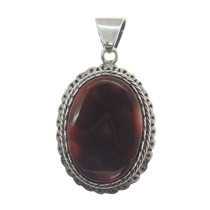 950 Silver Vintage Real Oval-Cut Agate Roped Pendant