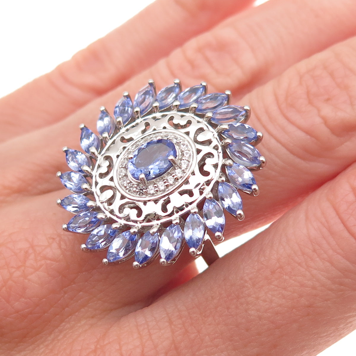 925 Sterling Silver Real Tanzanite & White Topaz Floral Ring Size 8.25