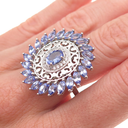 925 Sterling Silver Real Tanzanite & White Topaz Floral Ring Size 8.25