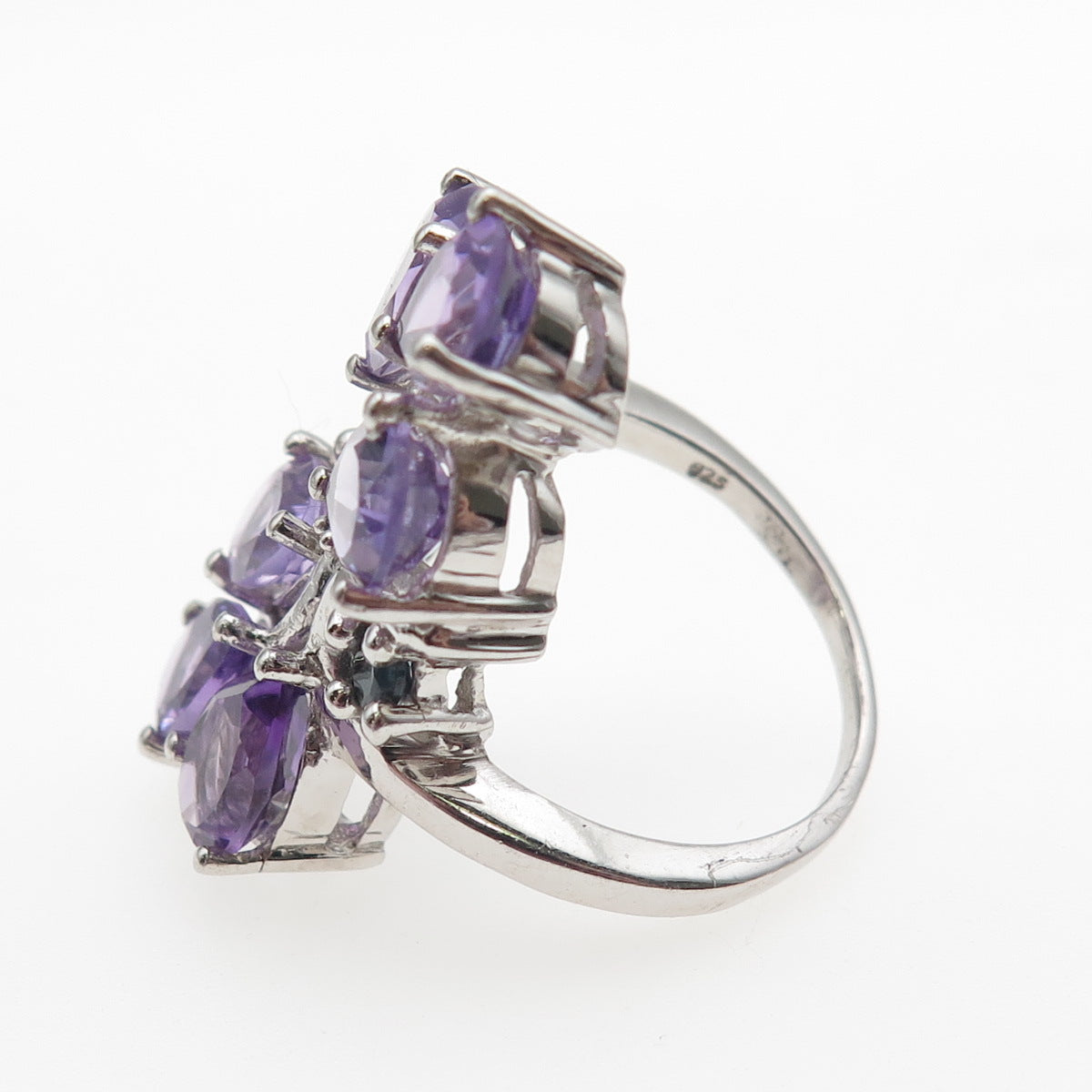 925 Sterling Silver Real Amethyst & Sapphire Cluster Ring Size 8
