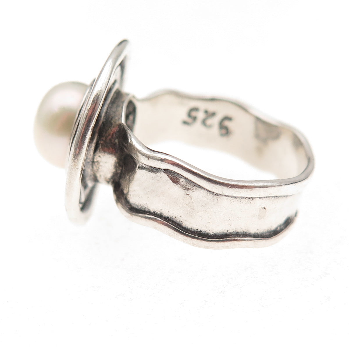 925 Sterling Silver Vintage Real Pearl Modernist Oxidized Ring Size 6