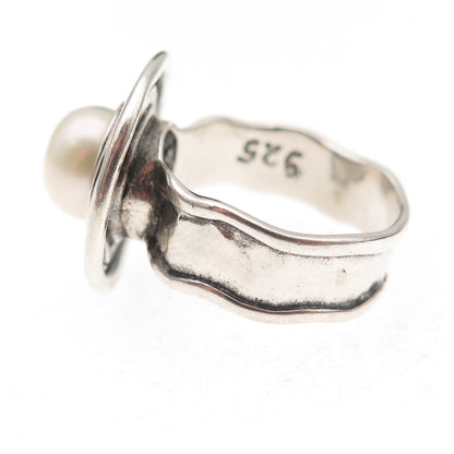 925 Sterling Silver Vintage Real Pearl Modernist Oxidized Ring Size 6