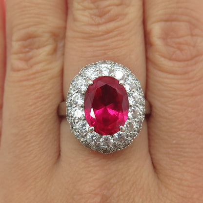 925 Sterling Silver Lab-Created Ruby & Round-Cut Shaped C Z Ring Size 7.75