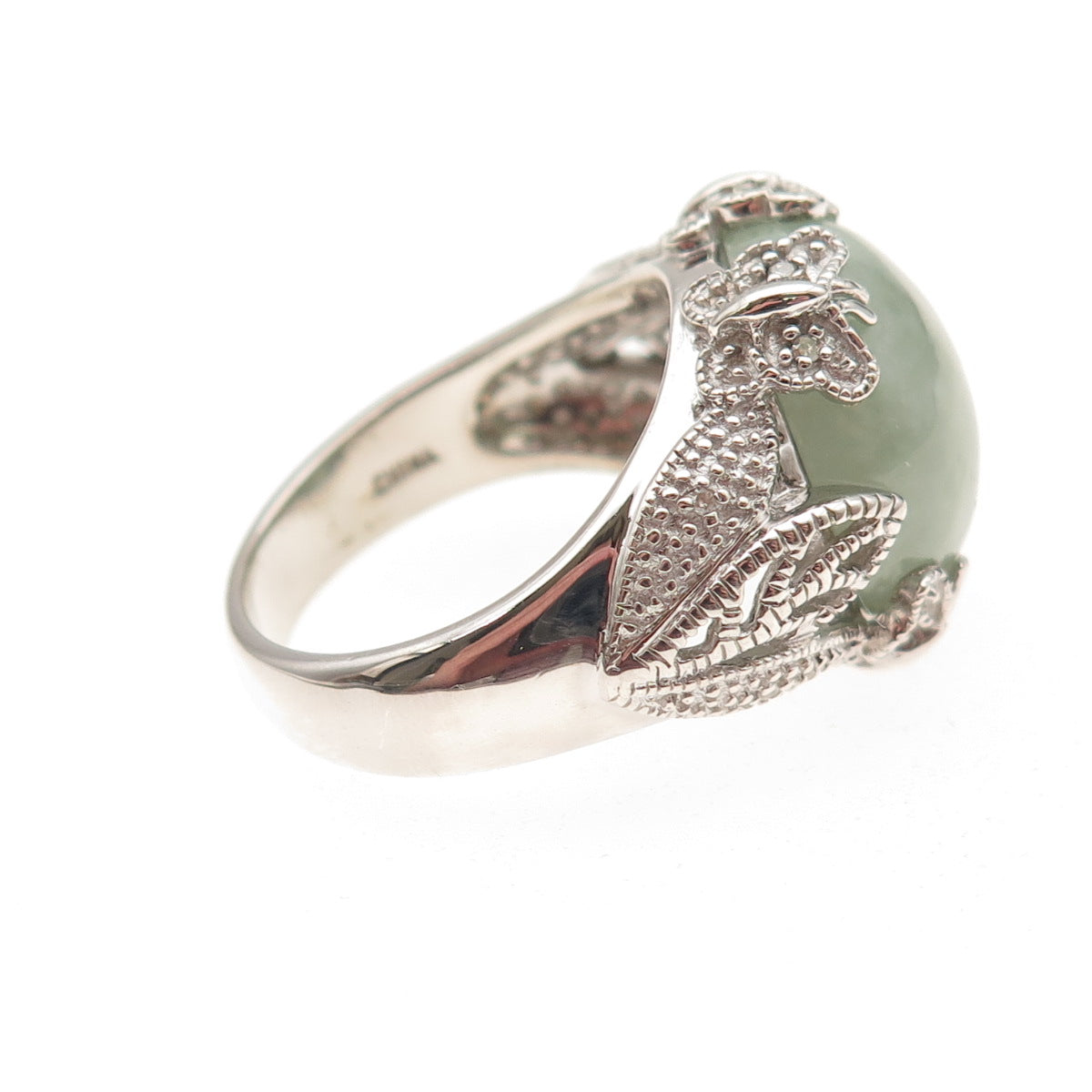 925 Sterling Silver Real Round-Cut Diamond & Jade Floral Ring Size 8.25