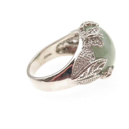 925 Sterling Silver Real Round-Cut Diamond & Jade Floral Ring Size 8.25