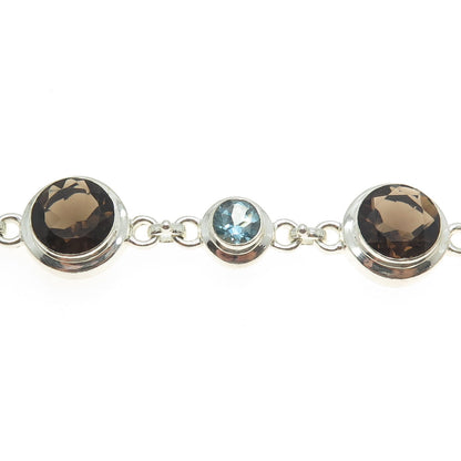 925 Sterling Silver Vintage Real Smoky Quartz & Blue Topaz Gemstone Bracelet 8"